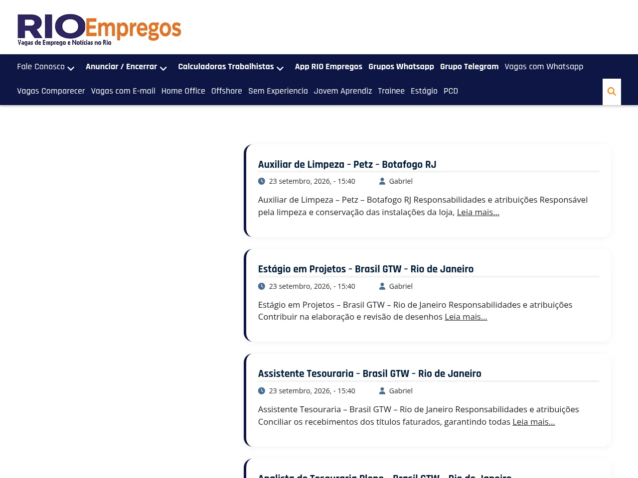 Rio Empregos job board platform screenshot showing job search interface