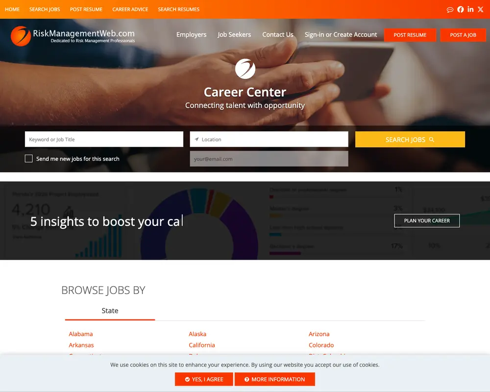RiskManagementWeb.com job board platform screenshot showing job search interface