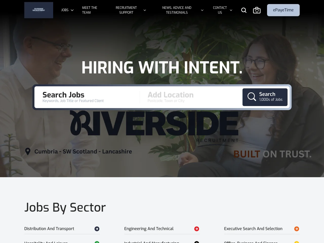 Riverside Recruitment job board platform screenshot showing job search interface