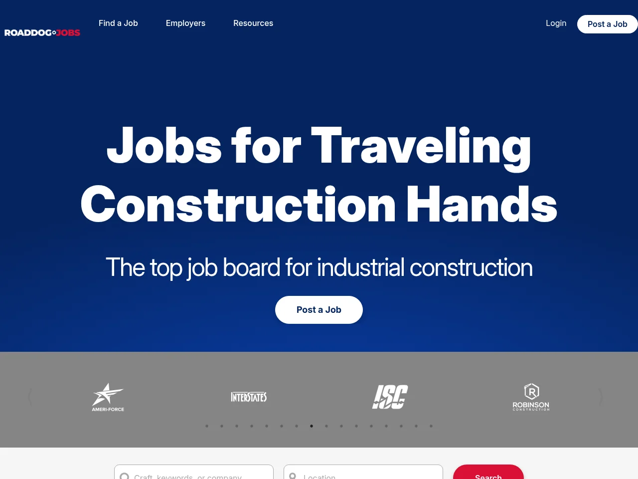 RoadDogJobs job board platform screenshot showing job search interface