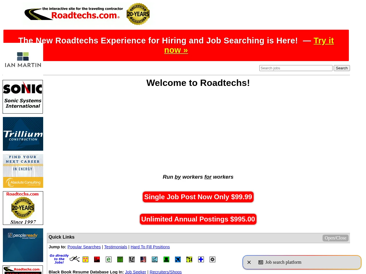 Roadtechs.com job board platform screenshot showing job search interface