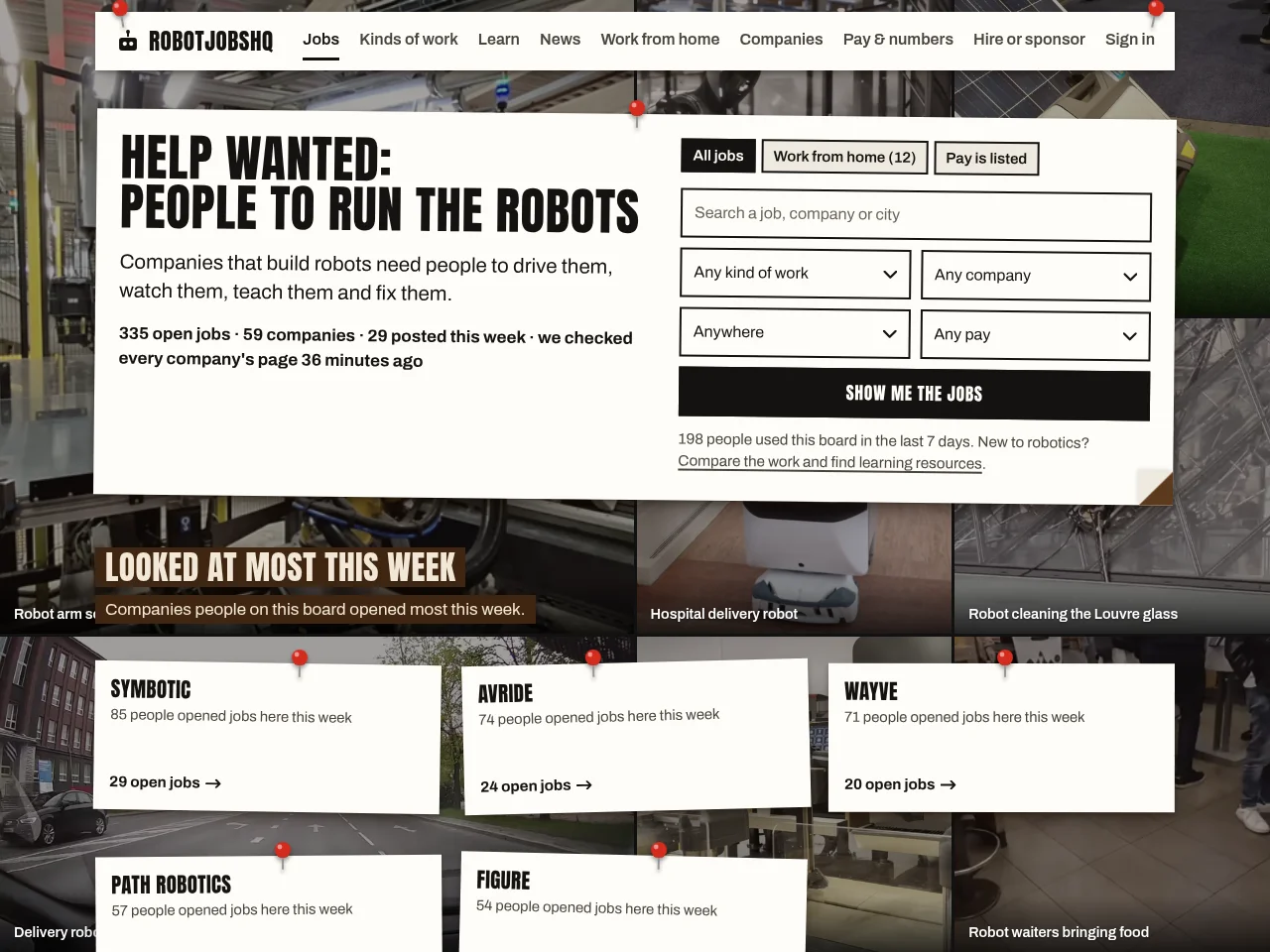 RobotJobsHQ job board platform screenshot showing job search interface