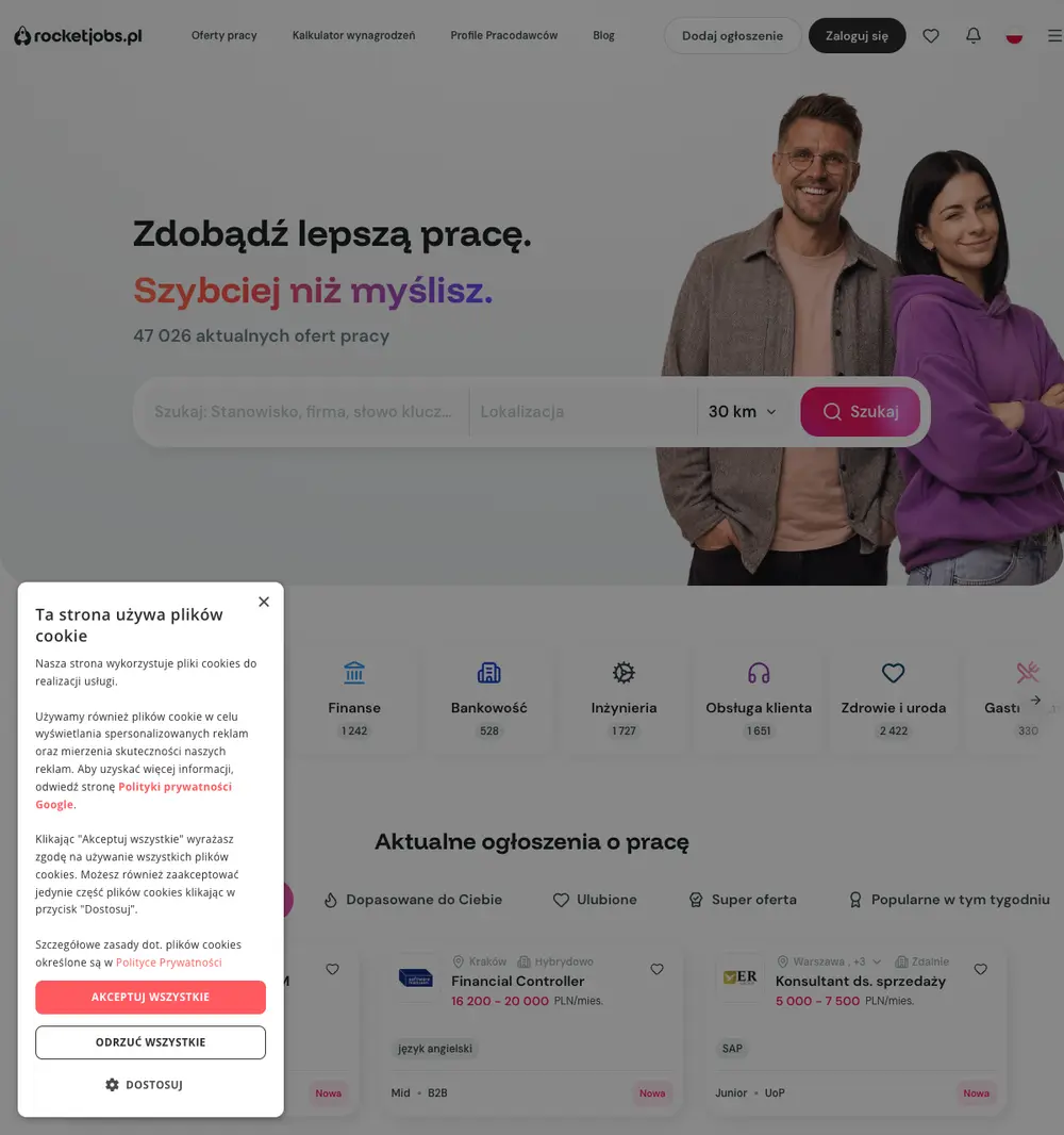 rocketjobs.pl job board platform screenshot showing job search interface