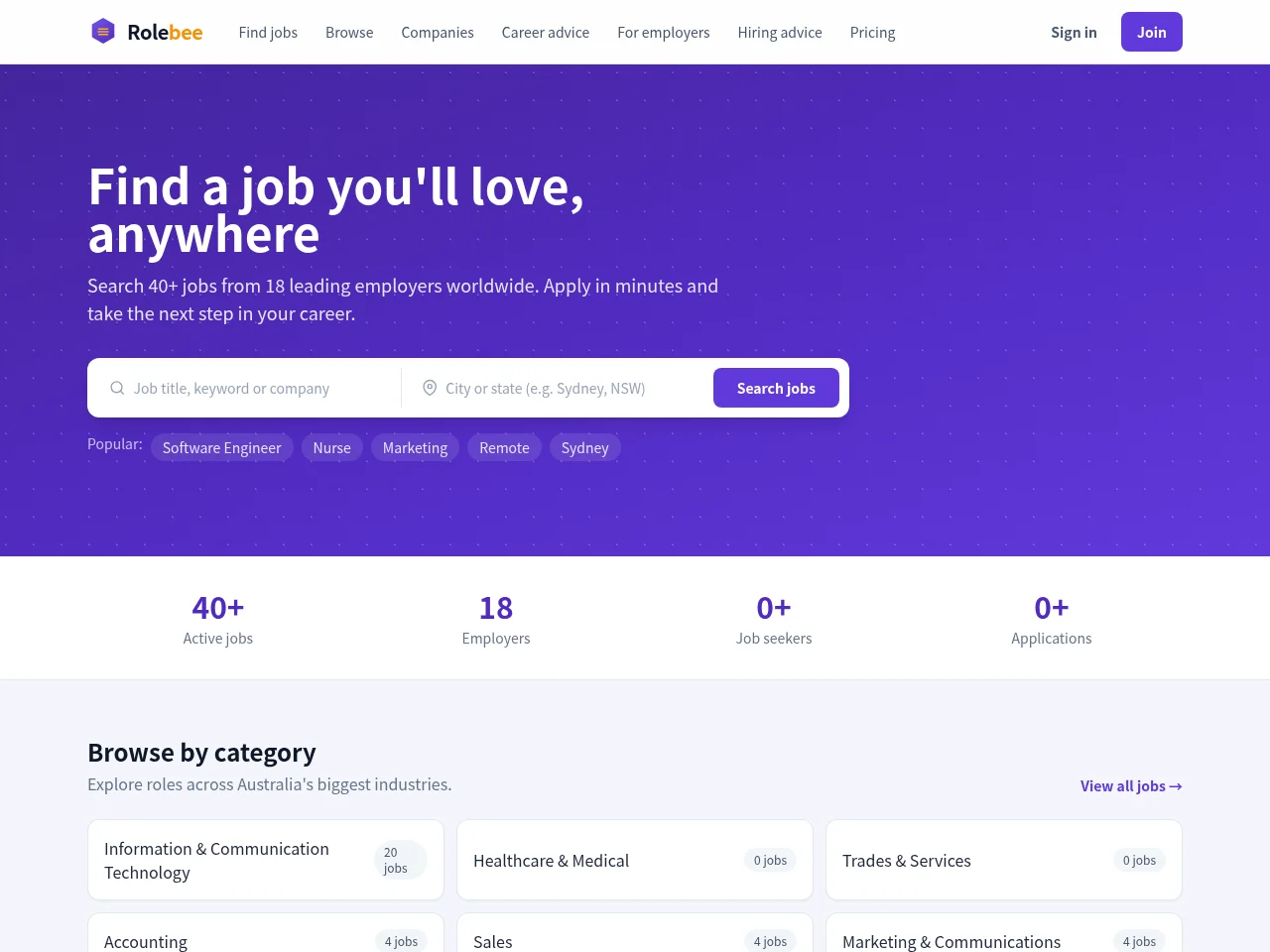 Rolebee job board platform screenshot showing job search interface