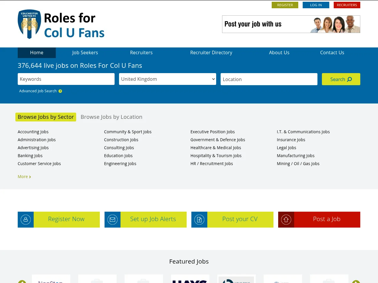Roles For Col U Fans job board platform screenshot showing job search interface
