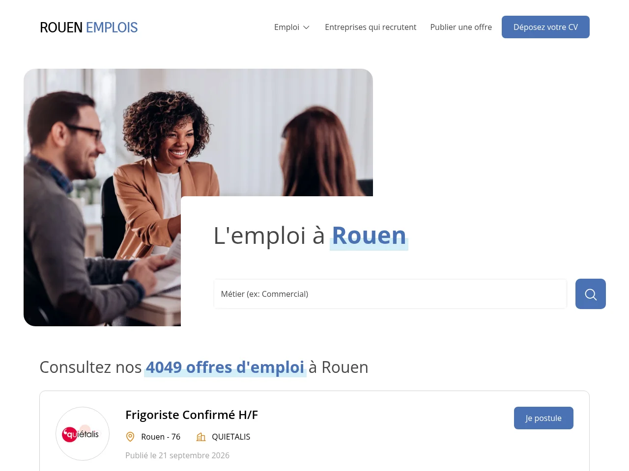 Rouen Emplois job board platform screenshot showing job search interface