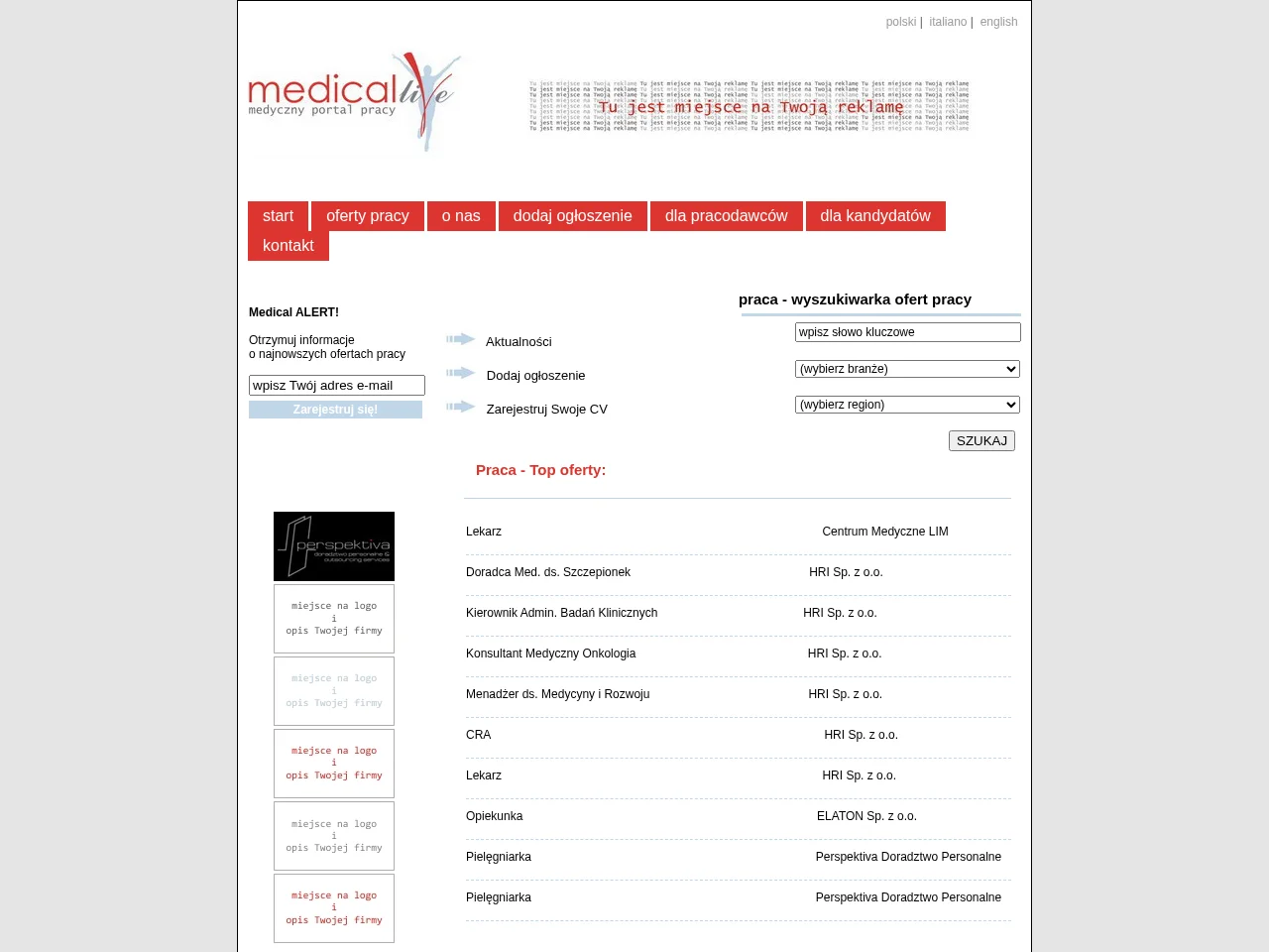 Medicallive Medyczny Portal Pracy job board platform screenshot showing job search interface