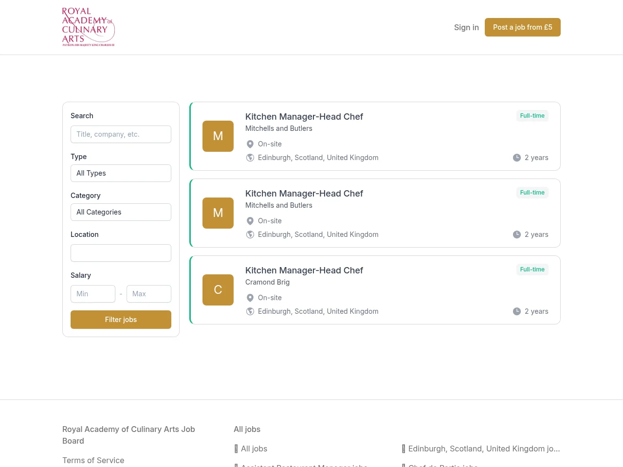 Royal Academy of Culinary Arts Job Board screenshot Royal Academy of Culinary Arts Job Board job board platform screenshot showing job search interface