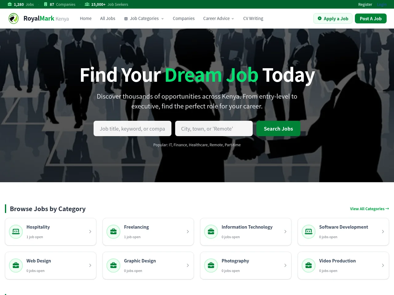 RoyalMarkKenya.com job board platform screenshot showing job search interface