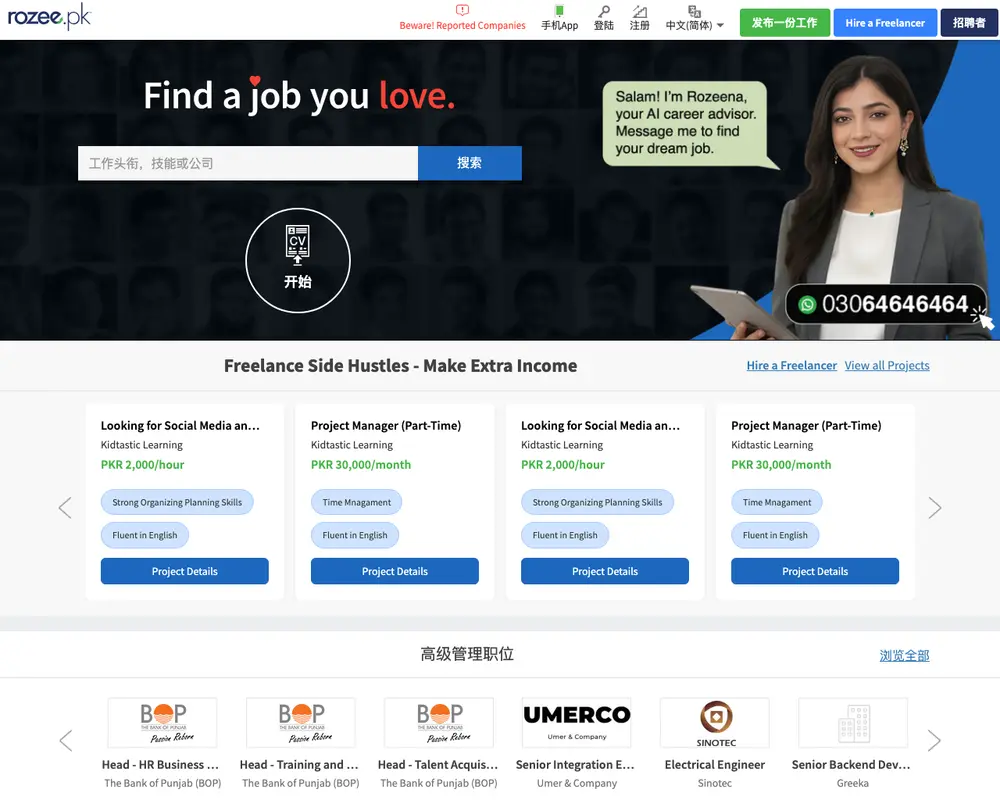 ROZEE.PK job board platform screenshot showing job search interface