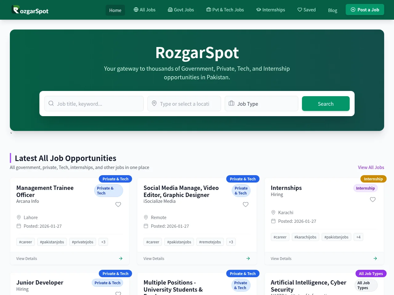 RozgarSpot screenshot RozgarSpot job board platform screenshot showing job search interface