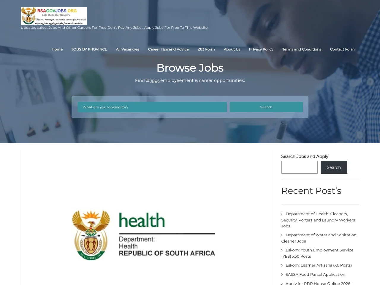 RSA Gov Jobs job board platform screenshot showing job search interface