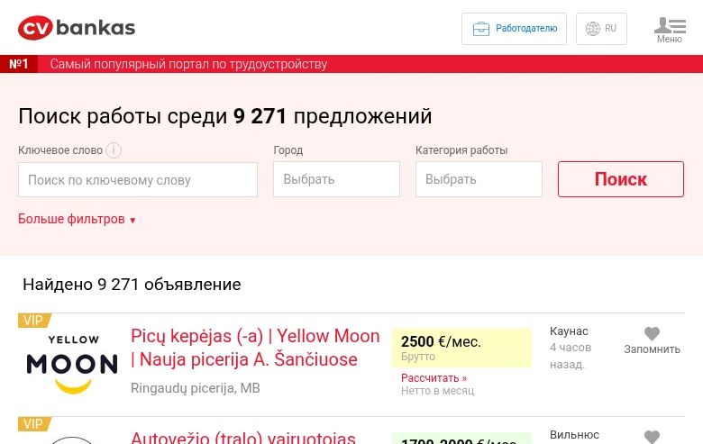 CVbankas.lt screenshot CVbankas.lt job board platform screenshot showing job search interface