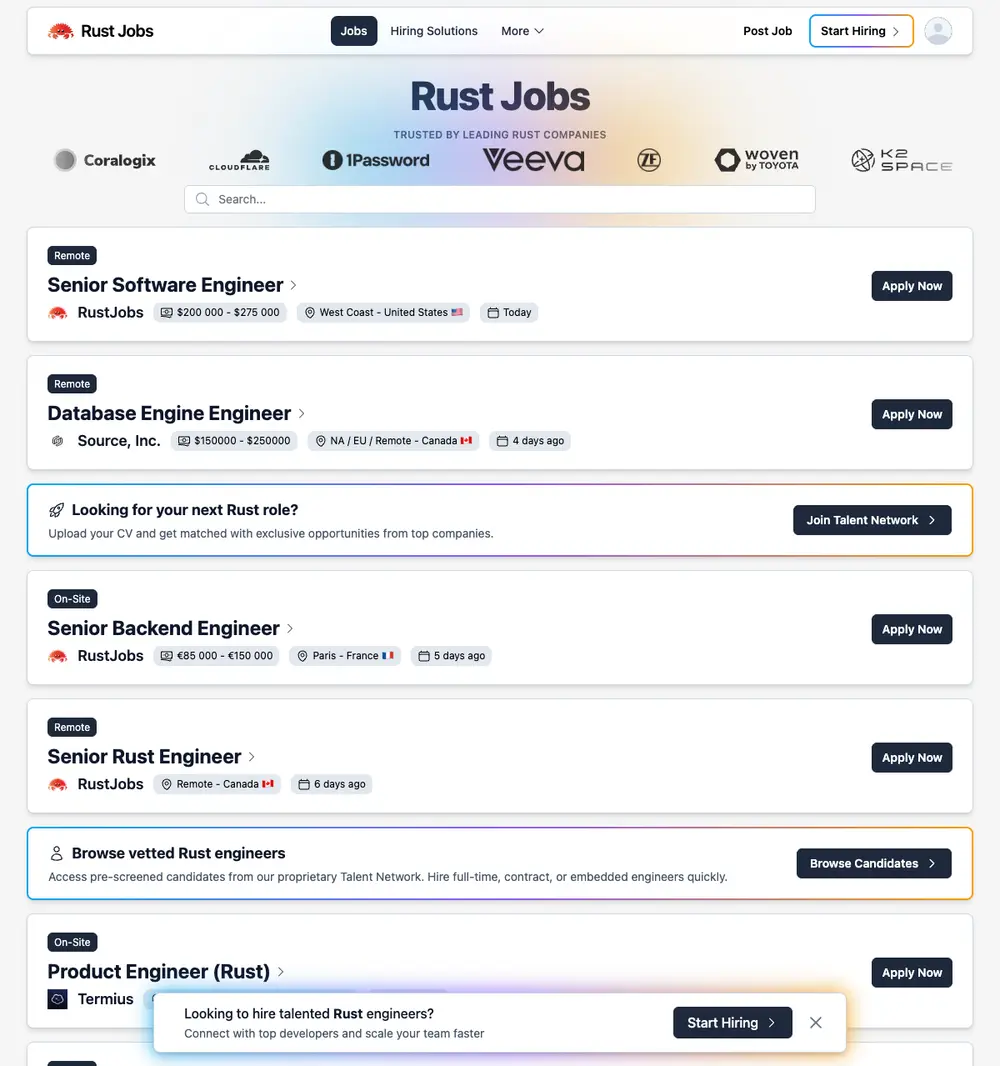 RustJobs.dev job board platform screenshot showing job search interface