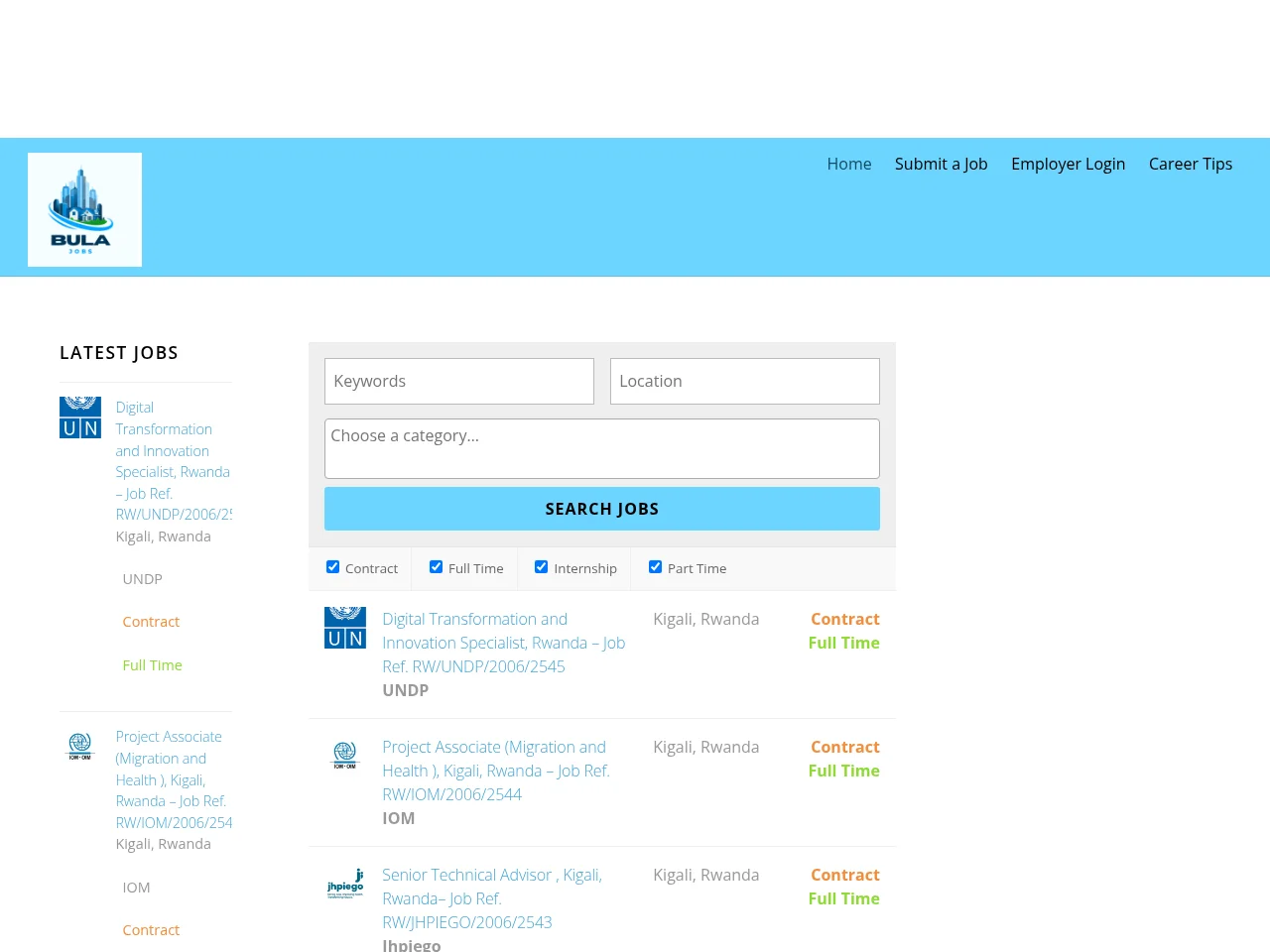 Jobs Rwanda job board platform screenshot showing job search interface