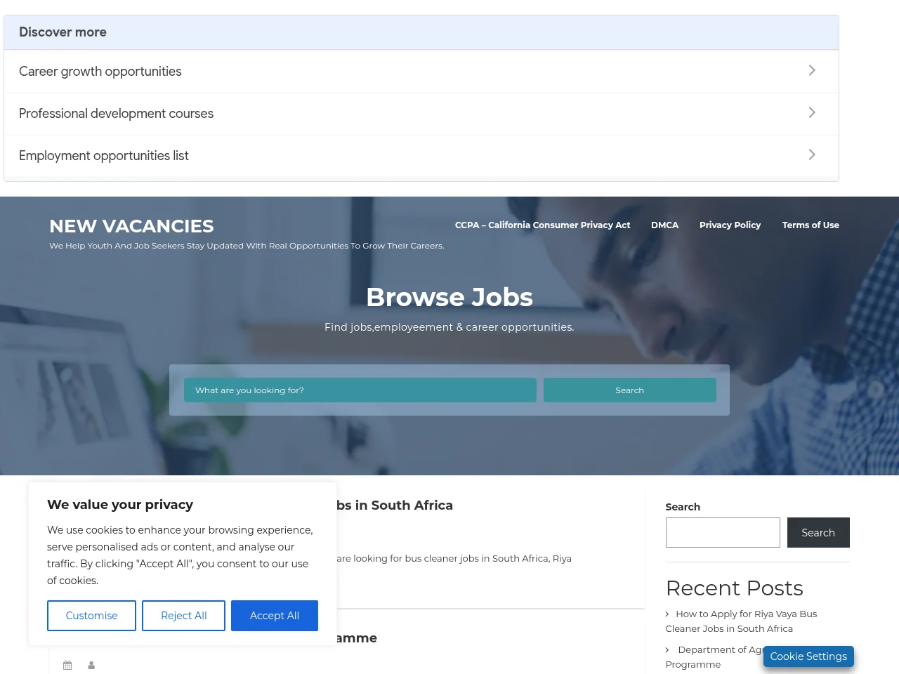 SA Vacancies screenshot SA Vacancies job board platform screenshot showing job search interface