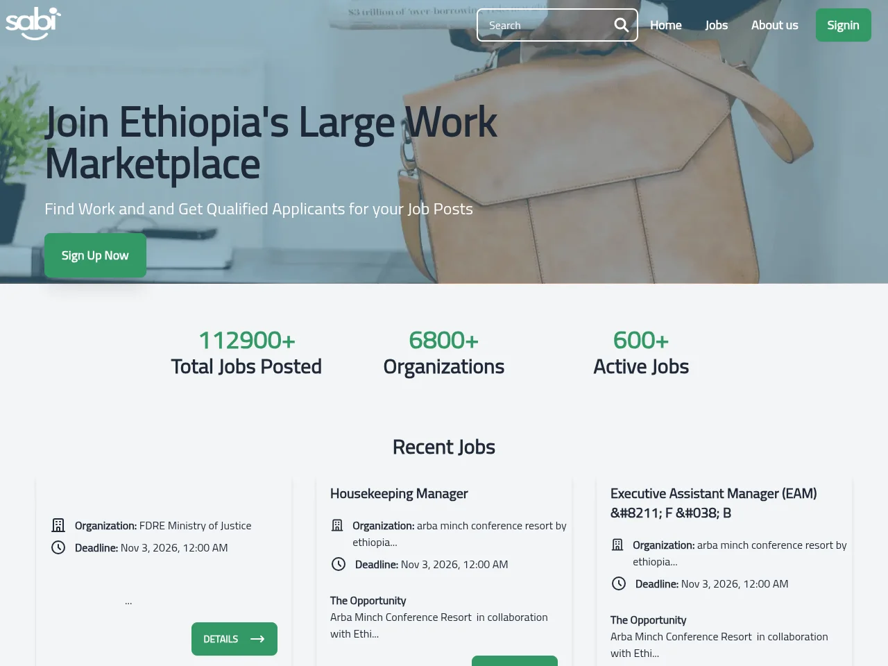 Sabi Jobs job board platform screenshot showing job search interface