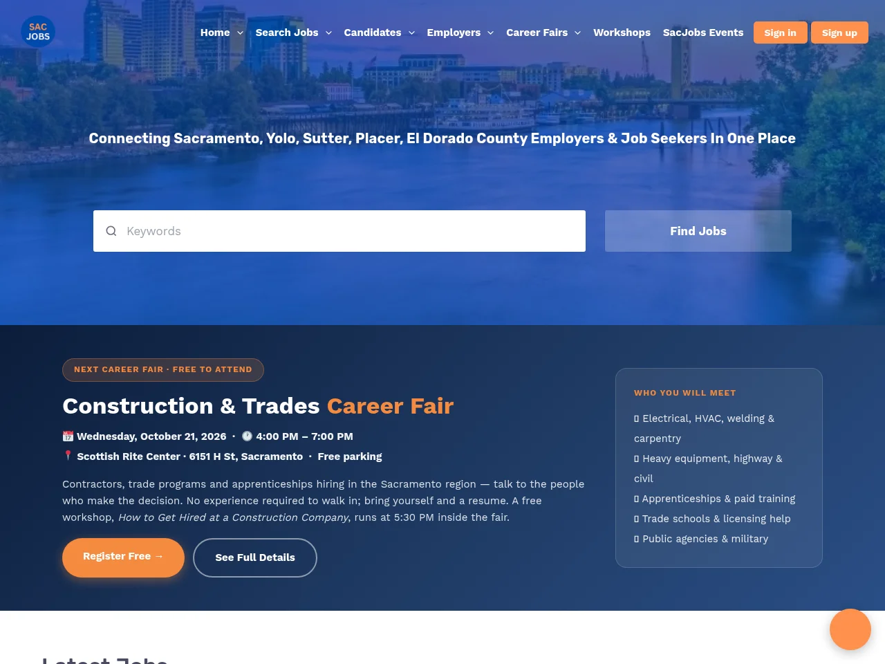 SacJobs job board platform screenshot showing job search interface