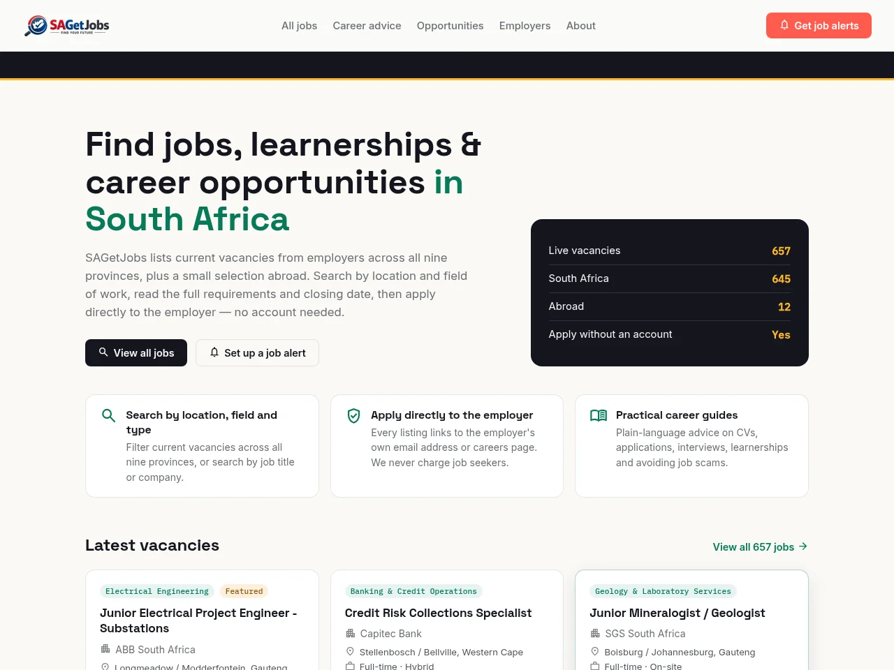 SAGetJobs job board platform screenshot showing job search interface
