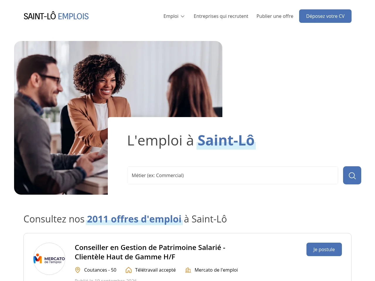 Saint-Lô Emplois job board platform screenshot showing job search interface