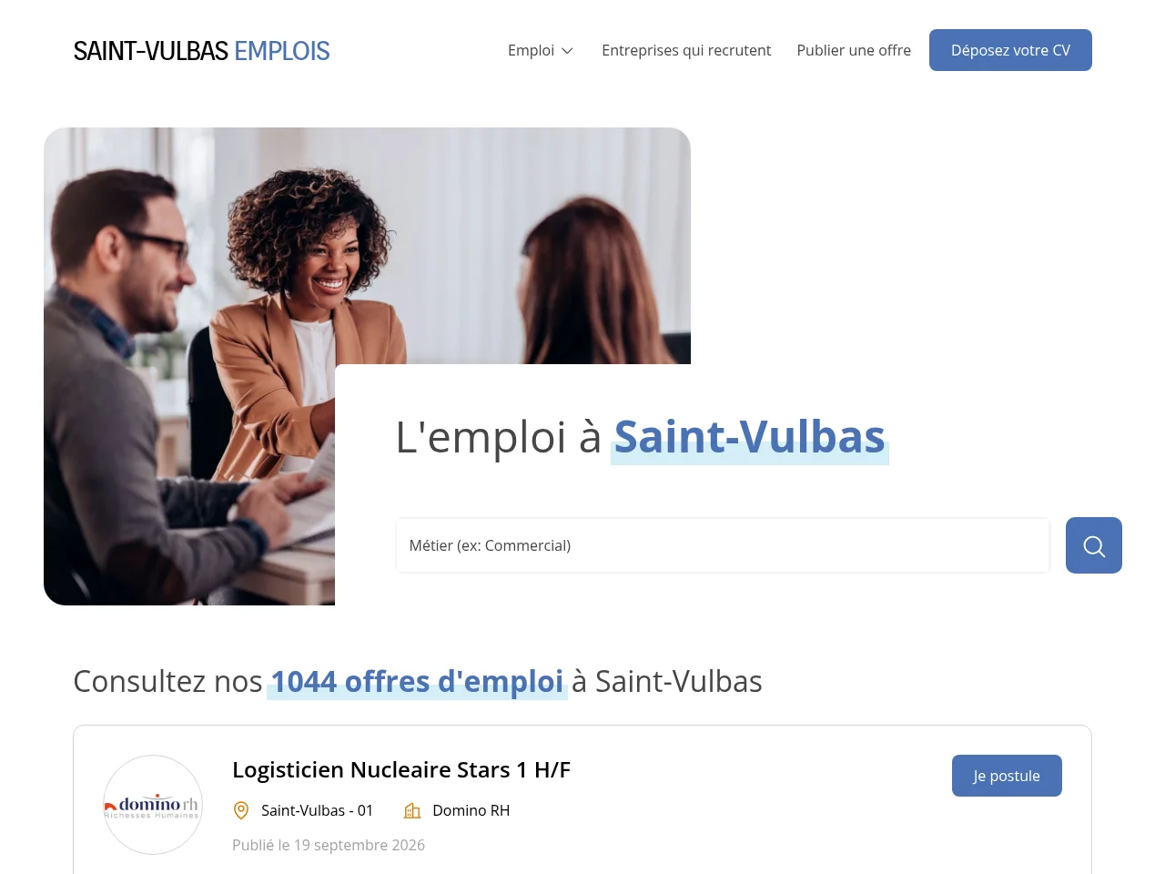 Saint-Vulbas Emplois job board platform screenshot showing job search interface
