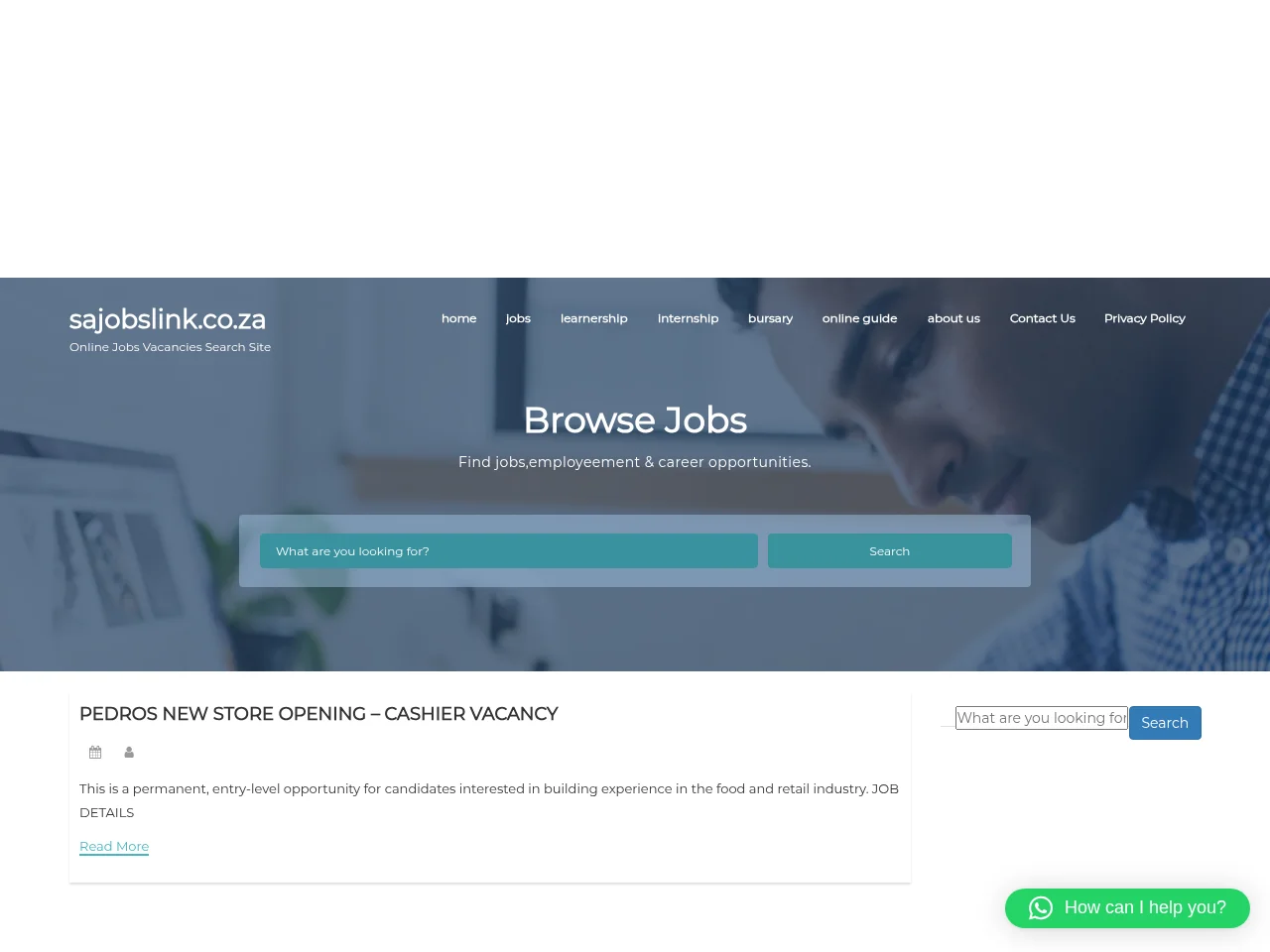 sajobslink.co.za job board platform screenshot showing job search interface