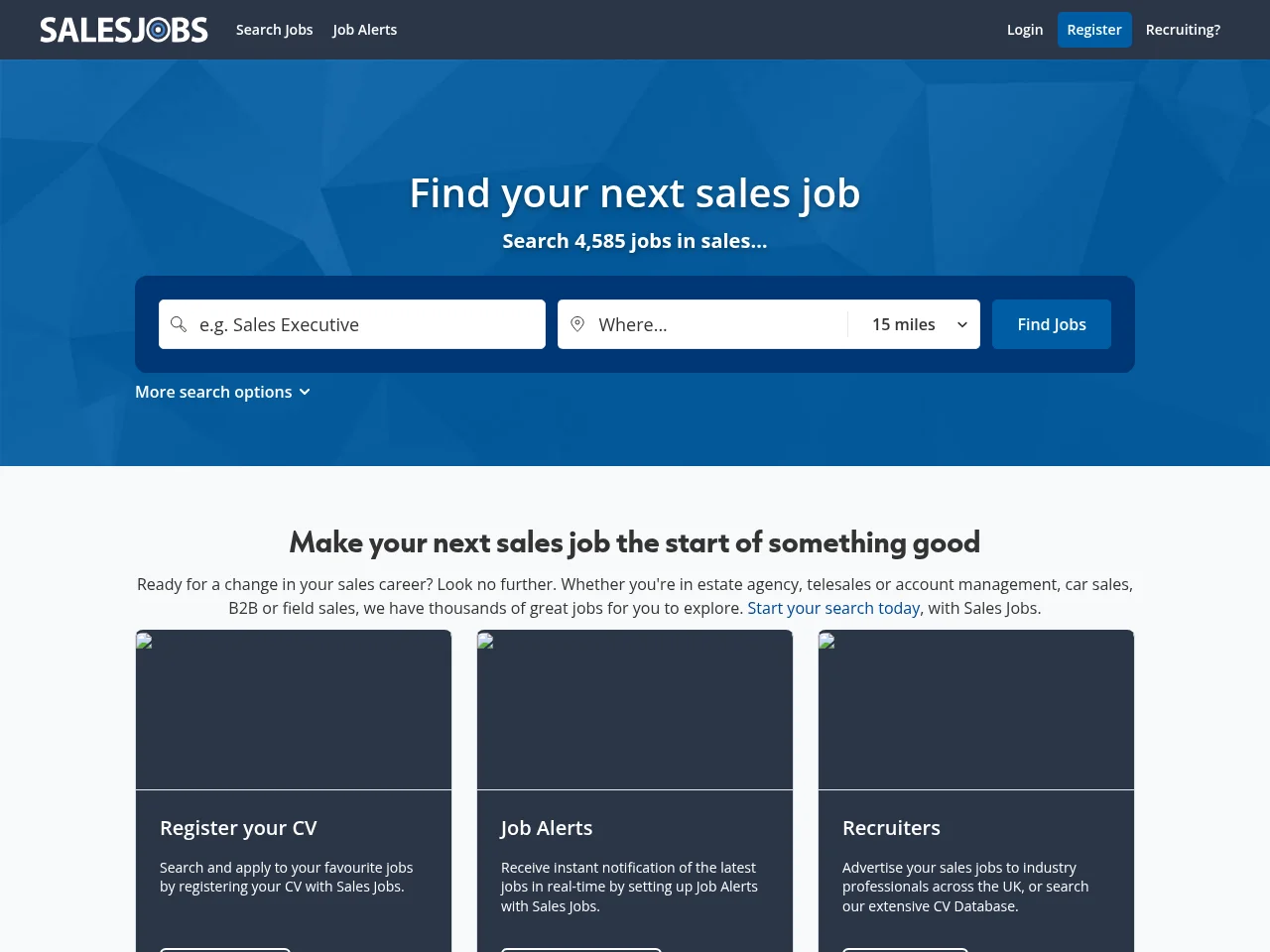 Sales Jobs job board platform screenshot showing job search interface
