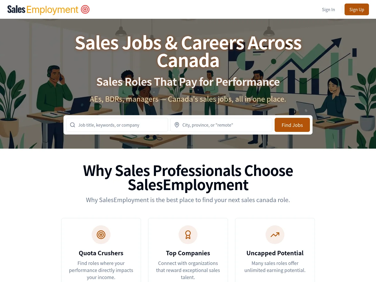 SalesEmployment job board platform screenshot showing job search interface