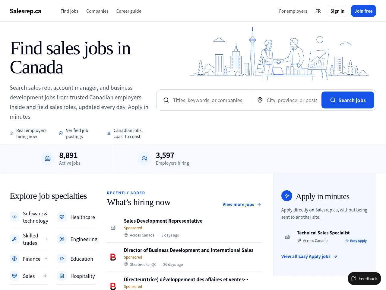 Salesrep.ca job board platform screenshot showing job search interface