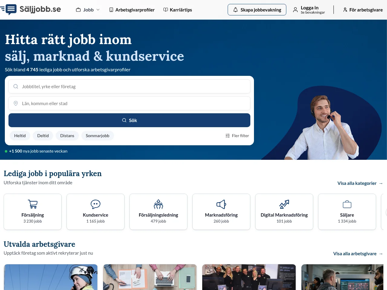 Säljjobb job board platform screenshot showing job search interface