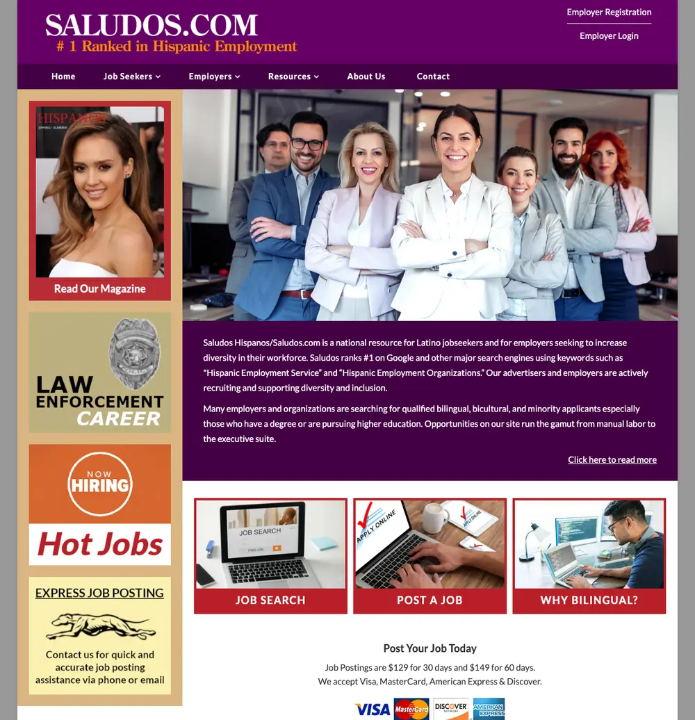 Saludos.com job board platform screenshot showing job search interface