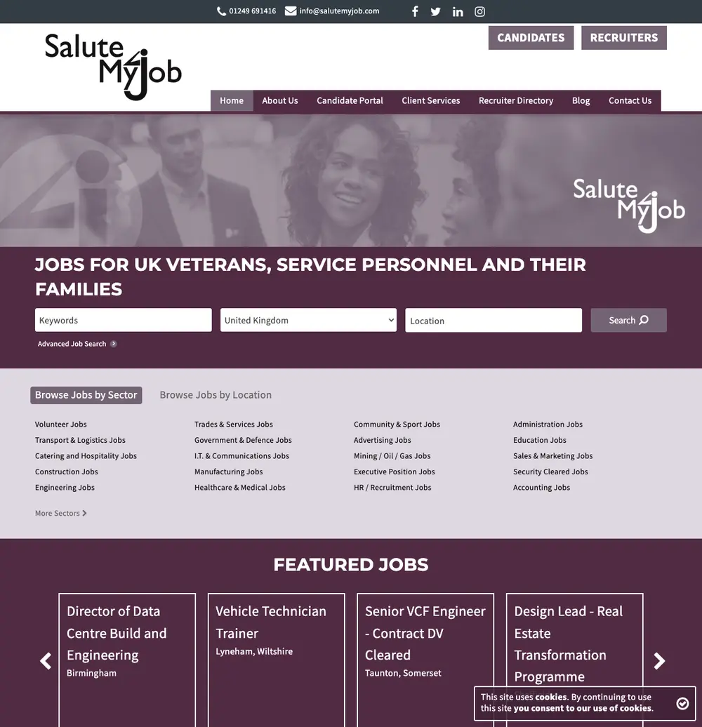 SaluteMyJob job board platform screenshot showing job search interface