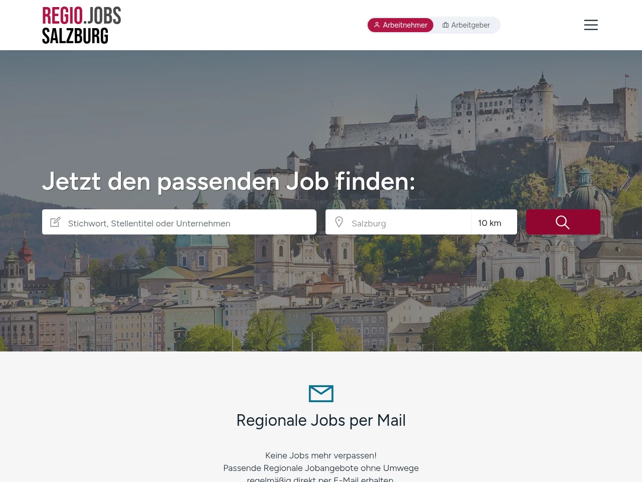 REGIO.JOBS SALZBURG job board platform screenshot showing job search interface