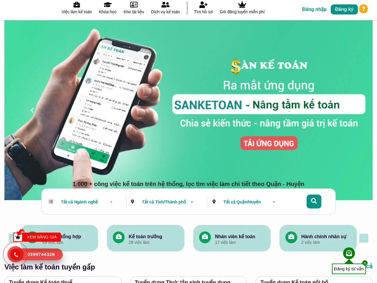 Sàn Kế Toán job board platform screenshot showing job search interface