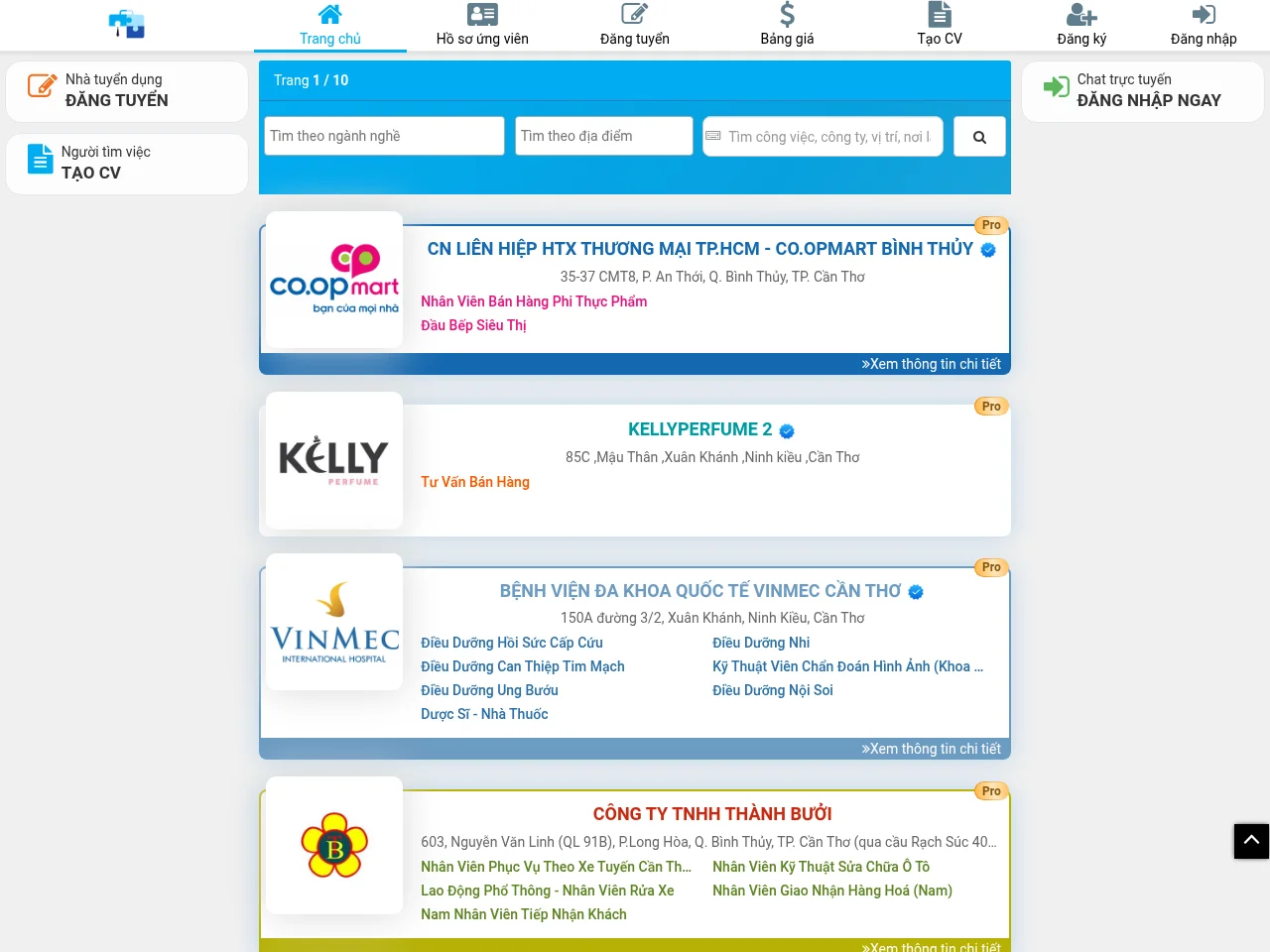Sàn Việc Làm Cần Thơ job board platform screenshot showing job search interface