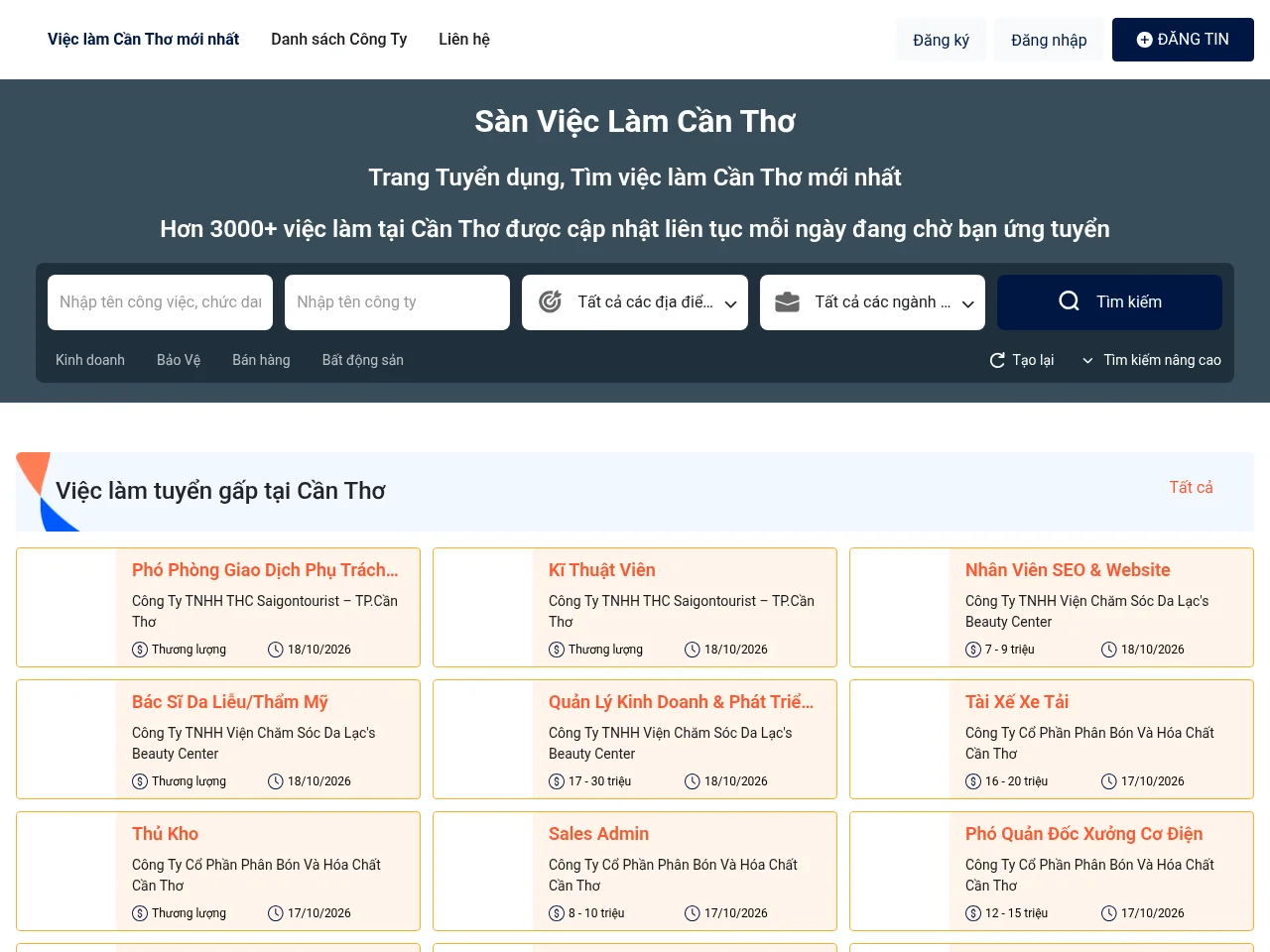Sàn việc làm Cần Thơ Edu job board platform screenshot showing job search interface