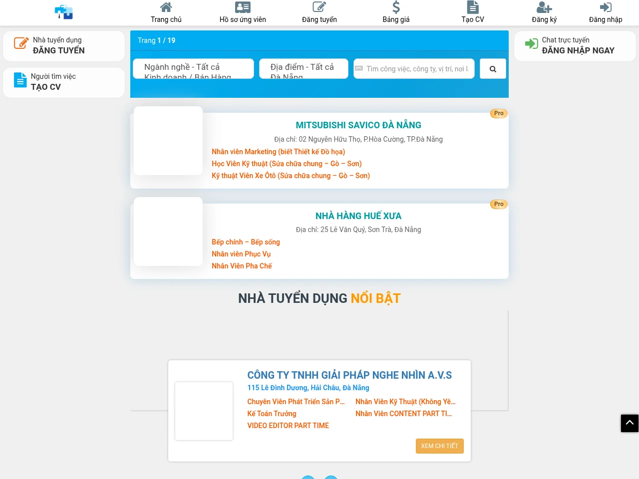 Sàn Việc Làm Đà Nẵng job board platform screenshot showing job search interface