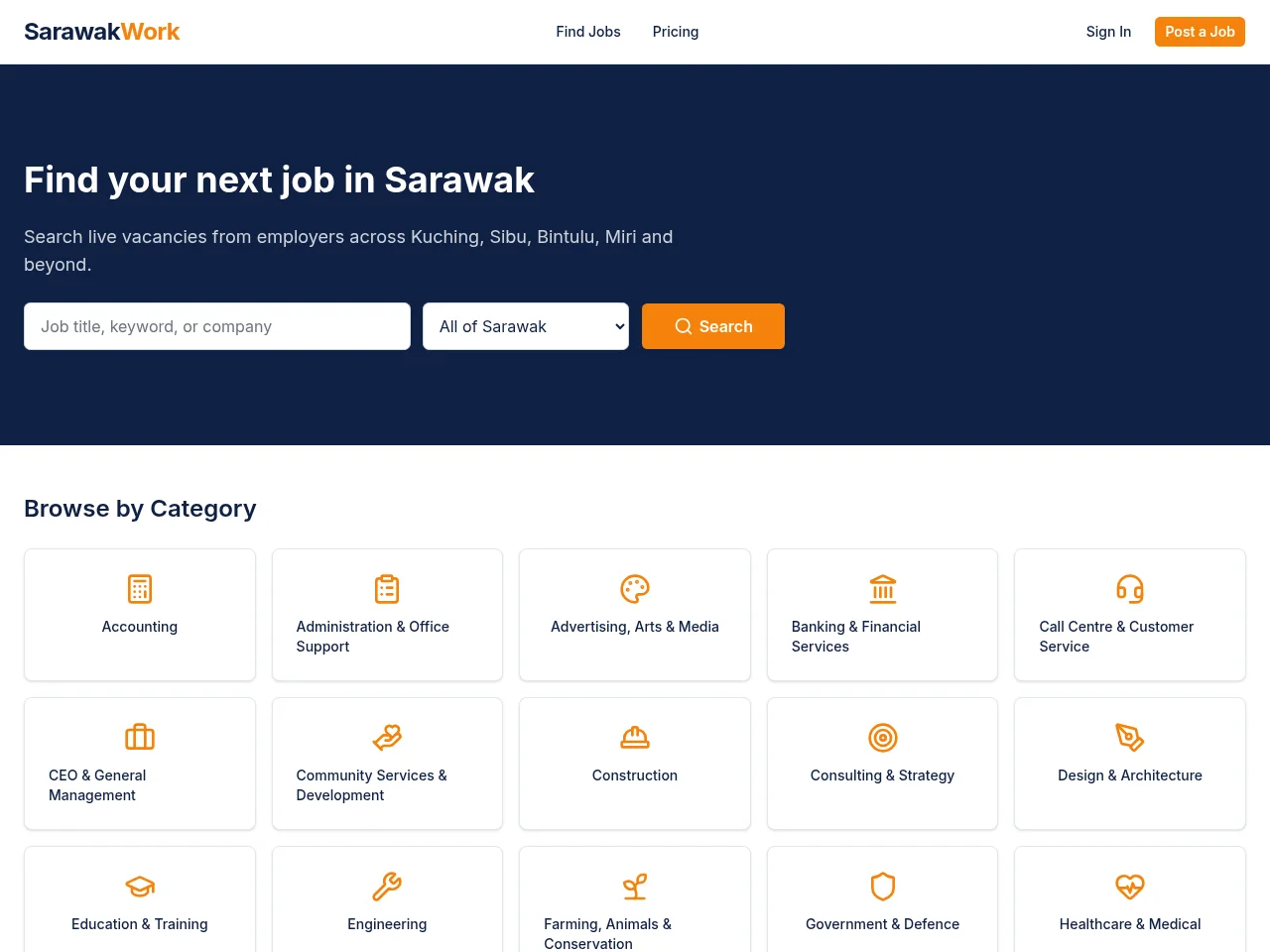 SarawakWork screenshot SarawakWork job board platform screenshot showing job search interface
