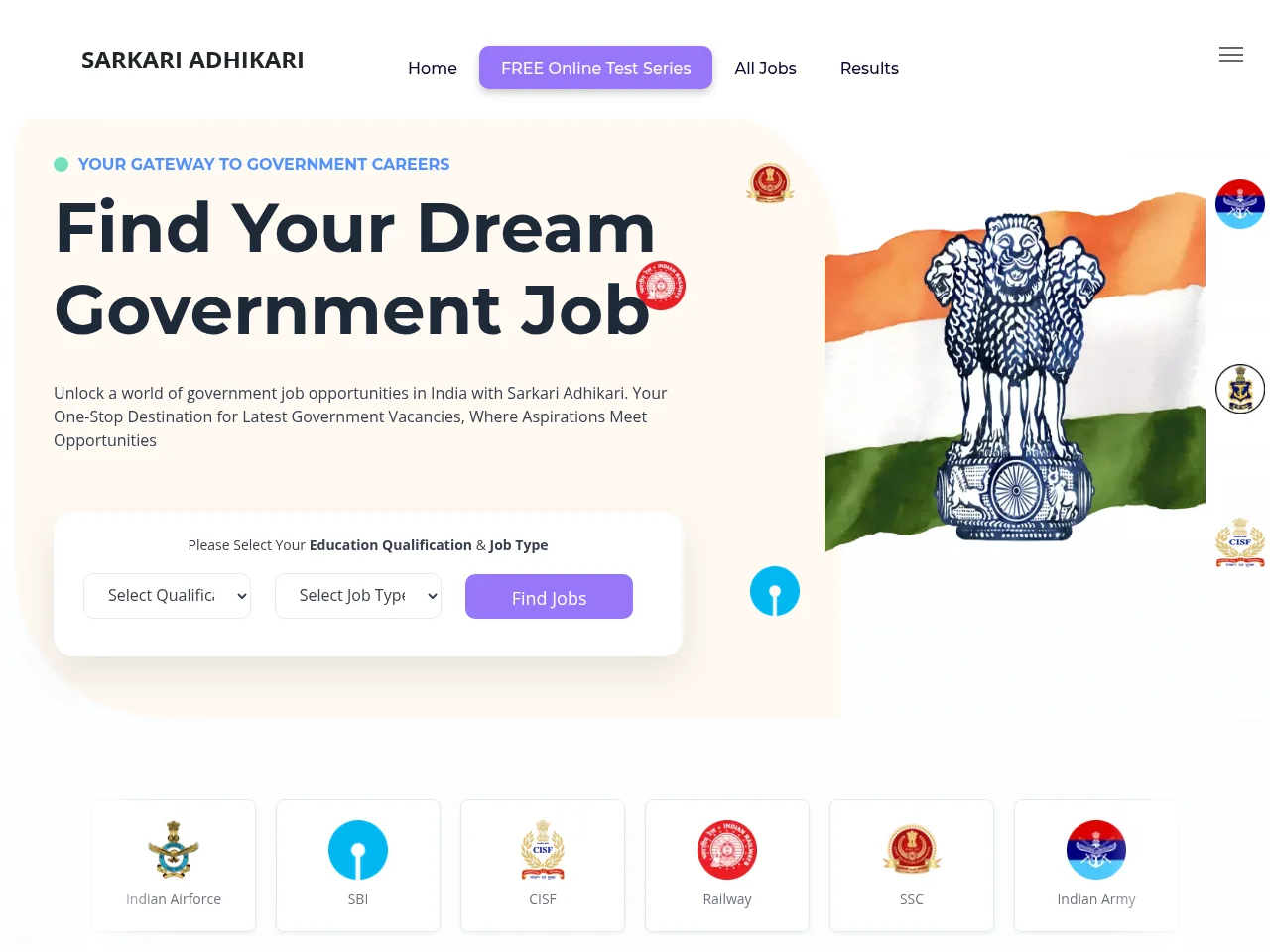 Sarkari Adhikari job board platform screenshot showing job search interface
