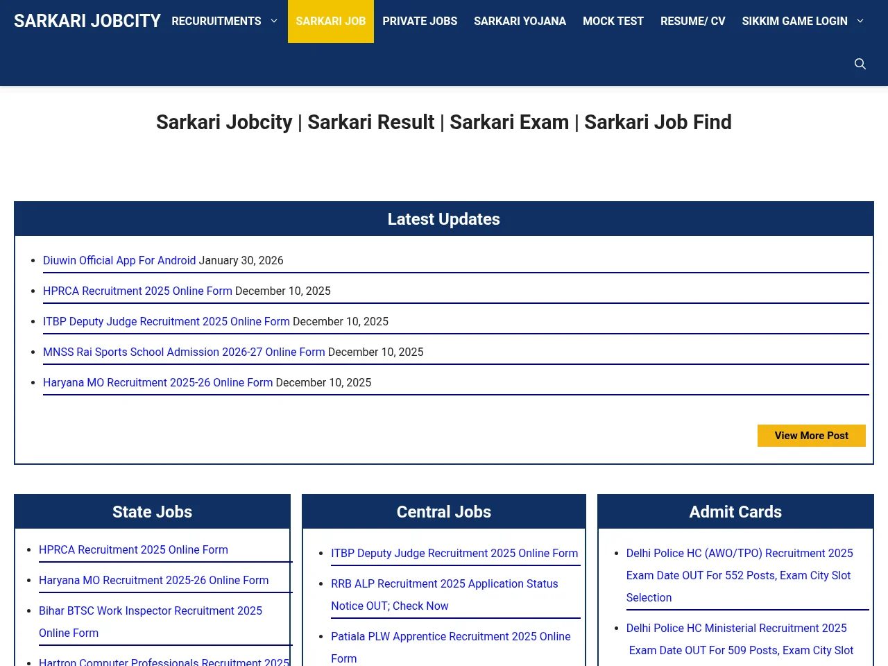Sarkari Jobcity job board platform screenshot showing job search interface
