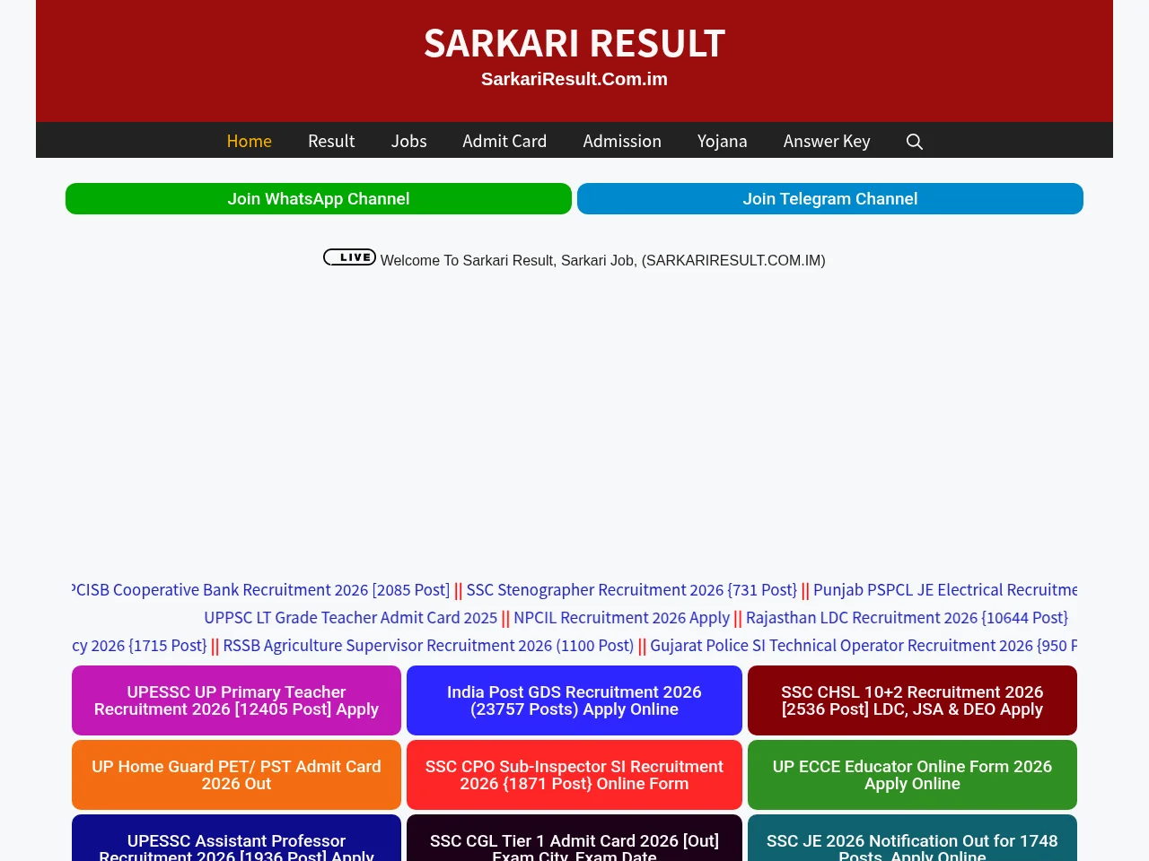 SarkariResult.Com.im job board platform screenshot showing job search interface