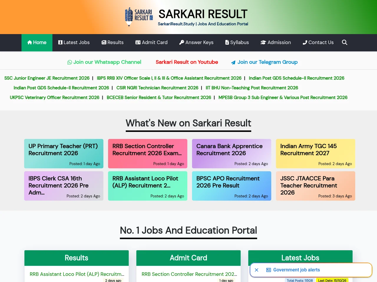 Sarkari Result Study job board platform screenshot showing job search interface