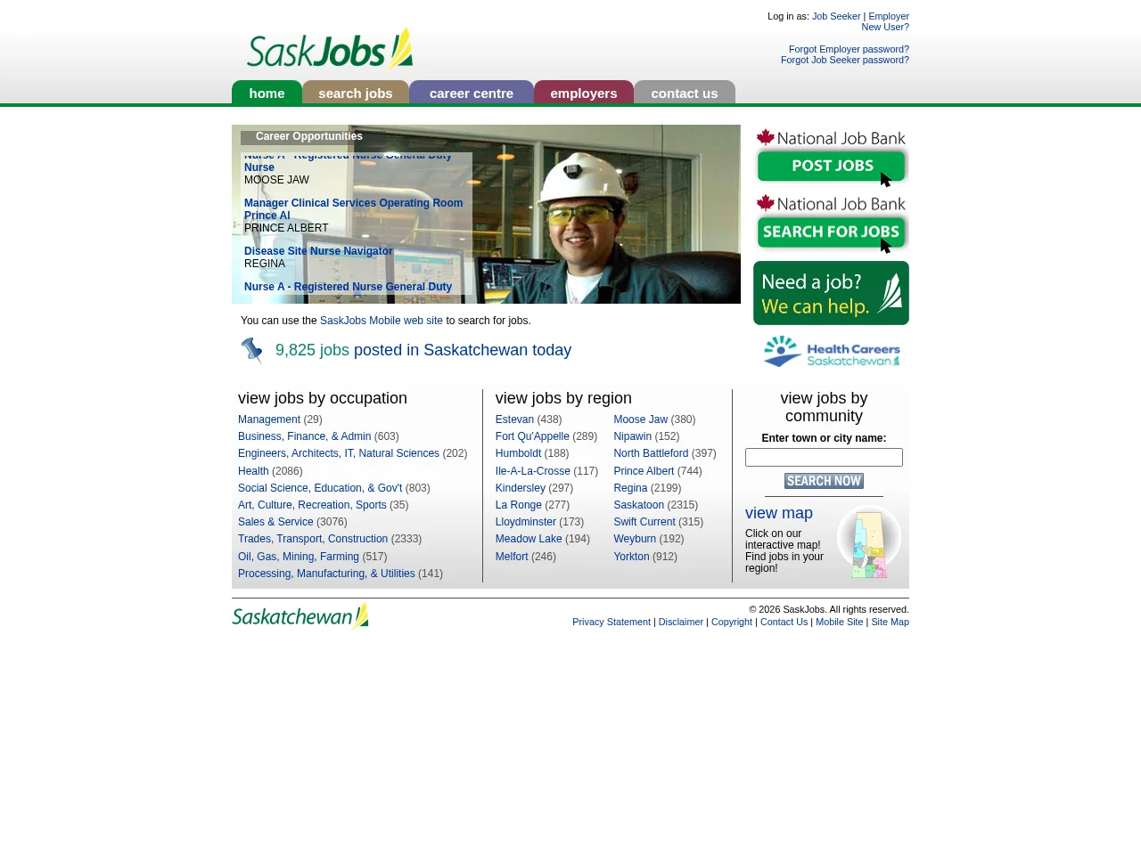 SaskJobs.ca job board platform screenshot showing job search interface