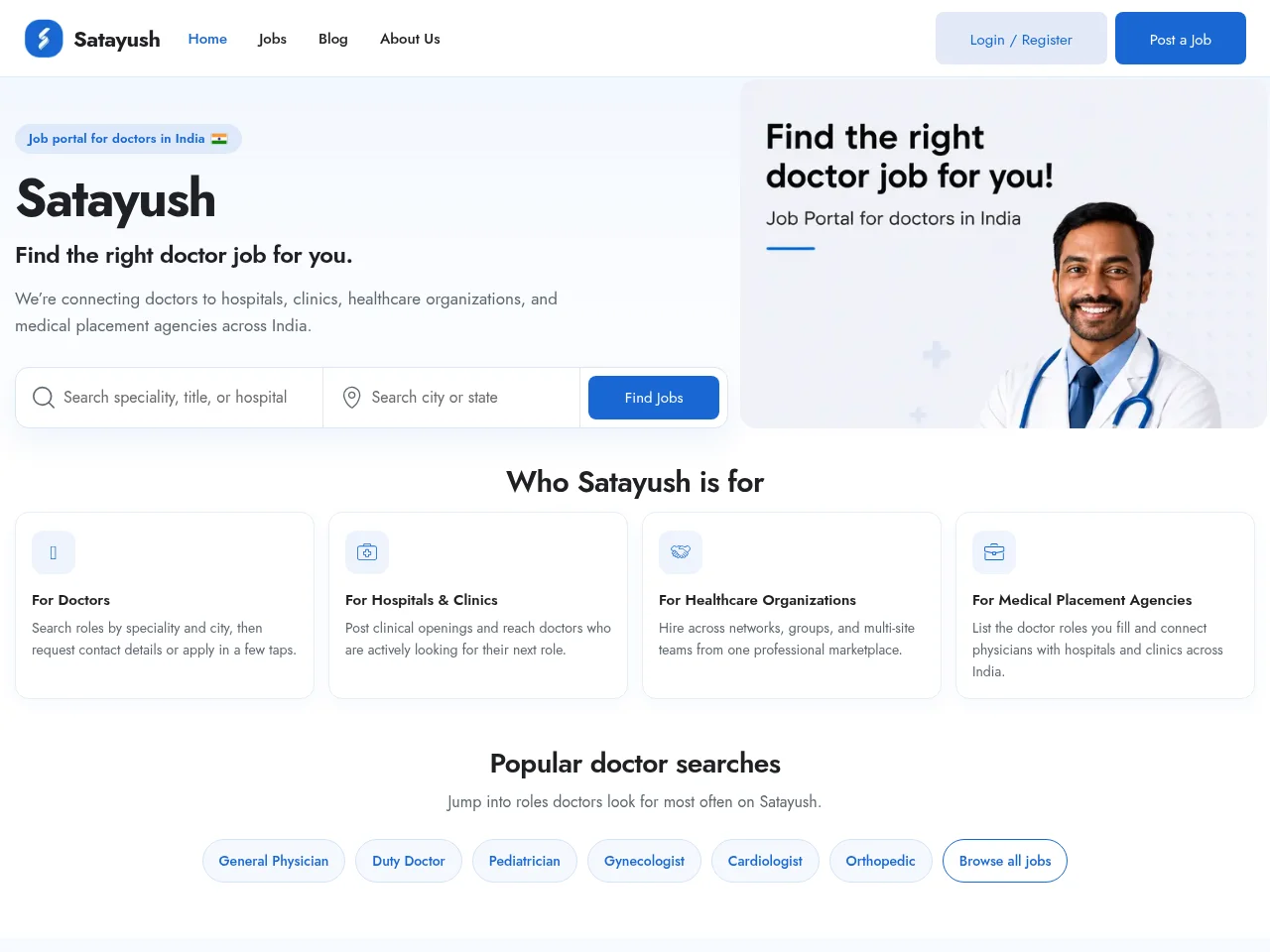 Satayush job board platform screenshot showing job search interface