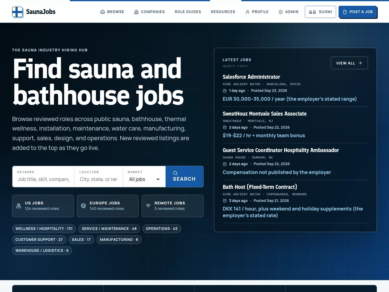 SaunaJobs.com screenshot SaunaJobs.com job board platform screenshot showing job search interface