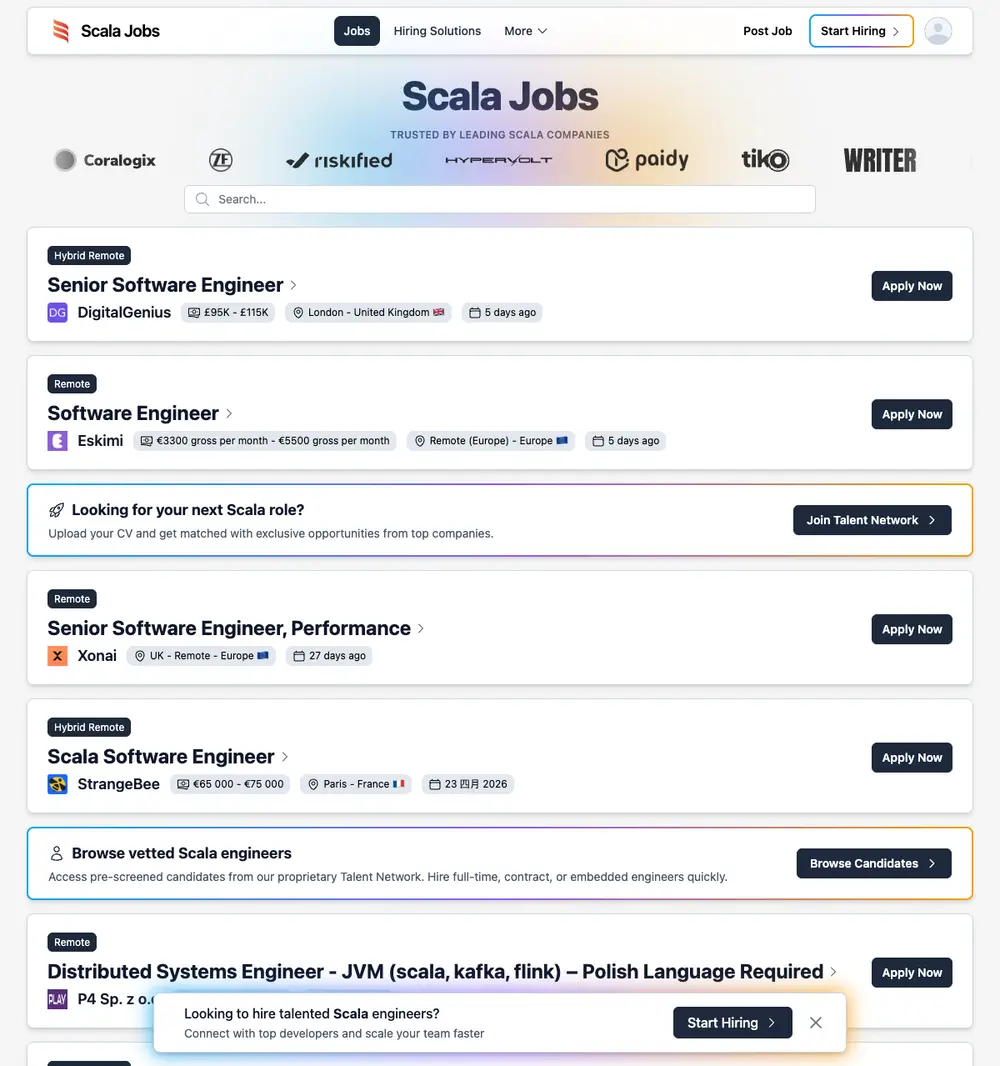 ScalaJobs.com job board platform screenshot showing job search interface