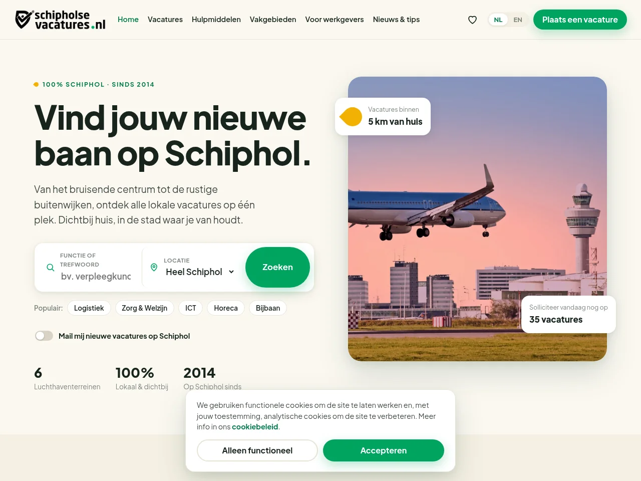Schipholsevacatures.nl job board platform screenshot showing job search interface