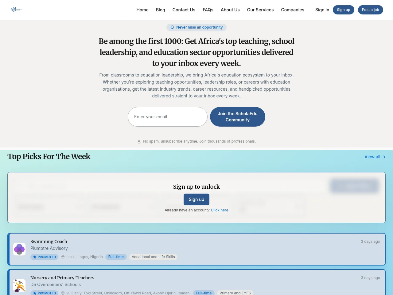 ScholaEdu Jobs job board platform screenshot showing job search interface