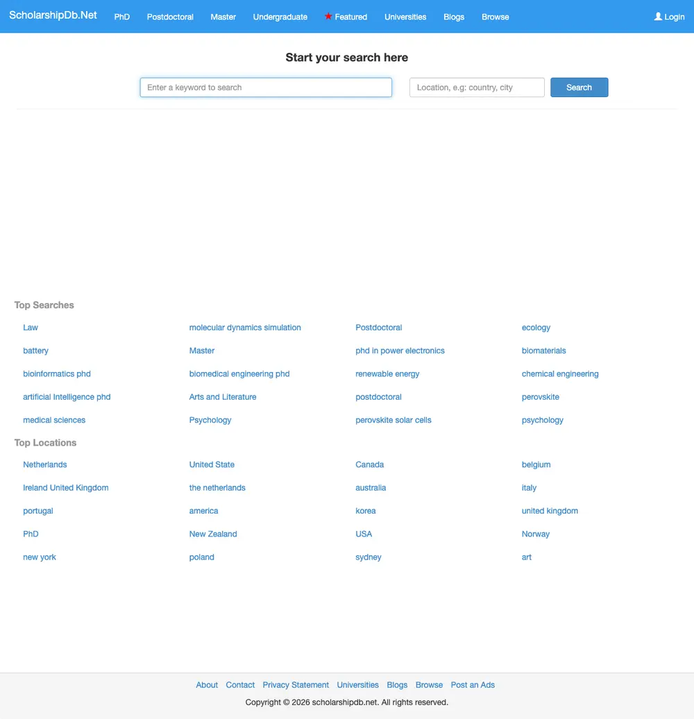 scholarshipdb.net job board platform screenshot showing job search interface