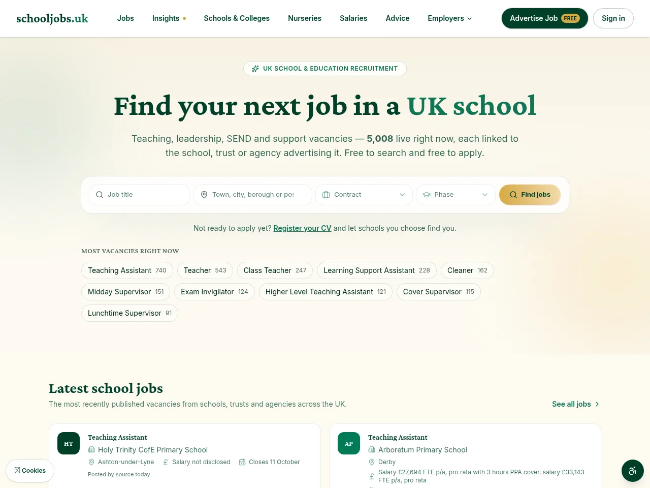 SchoolJobs.uk job board platform screenshot showing job search interface